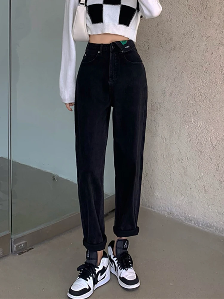 High Waist Harem Jeans Women 2024 New Wide Leg Lapel Waist Black Denim Pants Loose Casual Straight Trousers Office Outfits S-XL