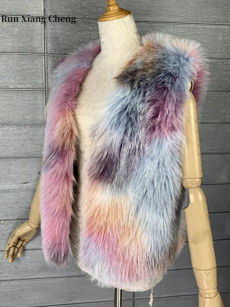 Women's Winter Fur Coat 2023 New Tie-dyed Furry Faux Hair of Environmental Protection Chic and Elegant Luxury Designer Fur Vest