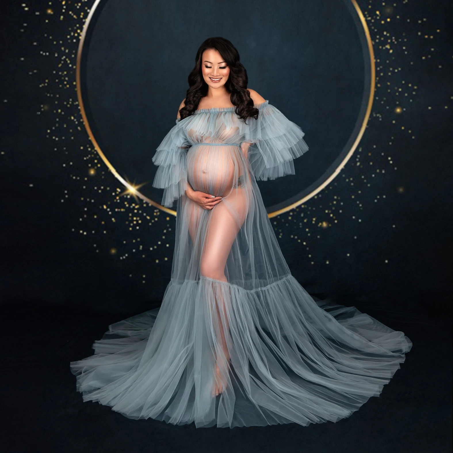 

Dusty Blue See Thru Tulle Maternity Dress for Photoshoot Off the Shoulder Ruffled Tulle Babyshower Photography Dresses Pregnancy