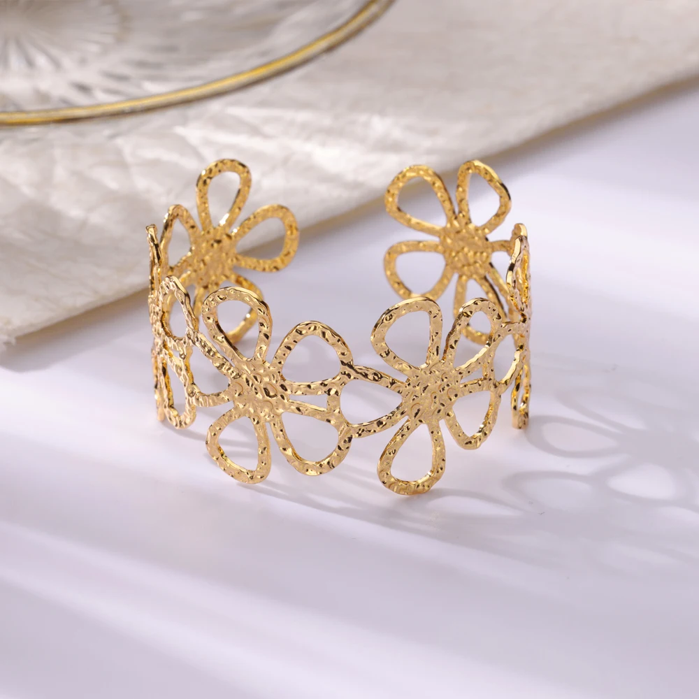Gold Color Geometric Aesthetic Flower Leaf Bangle - Stainless Steel Bracelet
