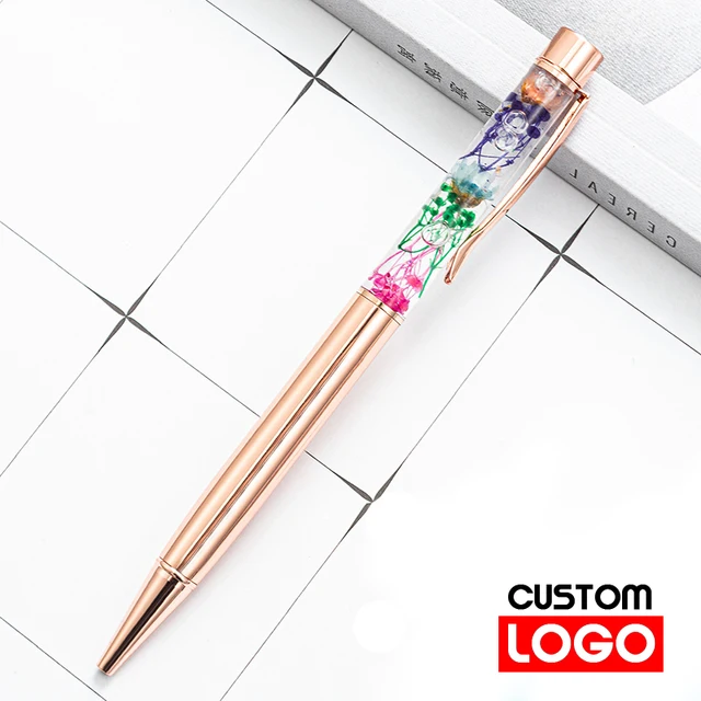 New Eternal Life Flower Oil Pen Metal Ballpoint Pen Lettering Engraved Name Advertising Pen Custom Logo Stationery Wholesale Rose gold