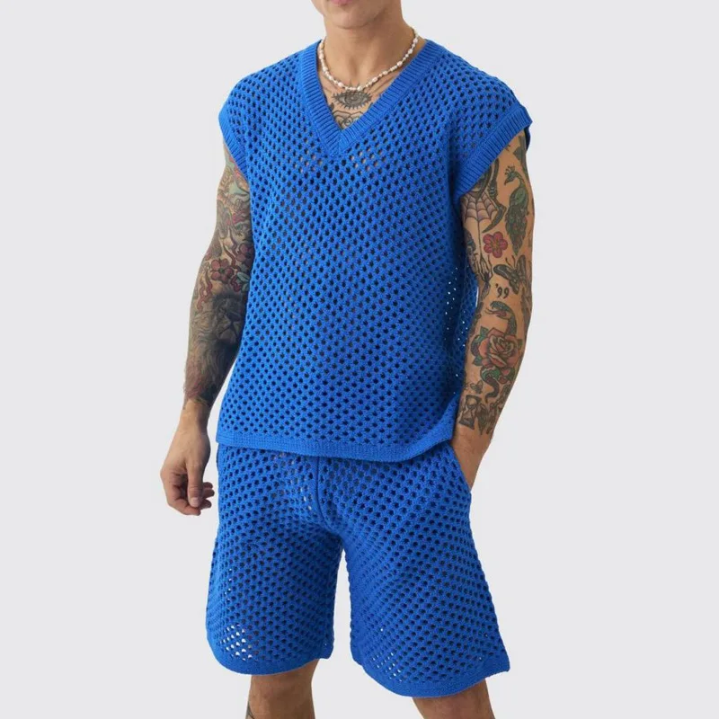 【 in-Stock Express Delivery 】Summer Men's Knitted V-neck Vest and Shorts Two-piece Set Sexy Perforated Breathable Casual Gym Set