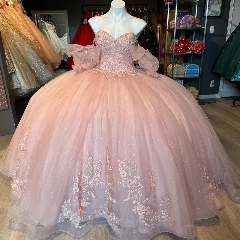 

Pink Sweetheart Shiny Ball Gown Quinceanera Dress Appliques Lace Beads Tull Sweet 16 Corset Vestidos De 15 Años