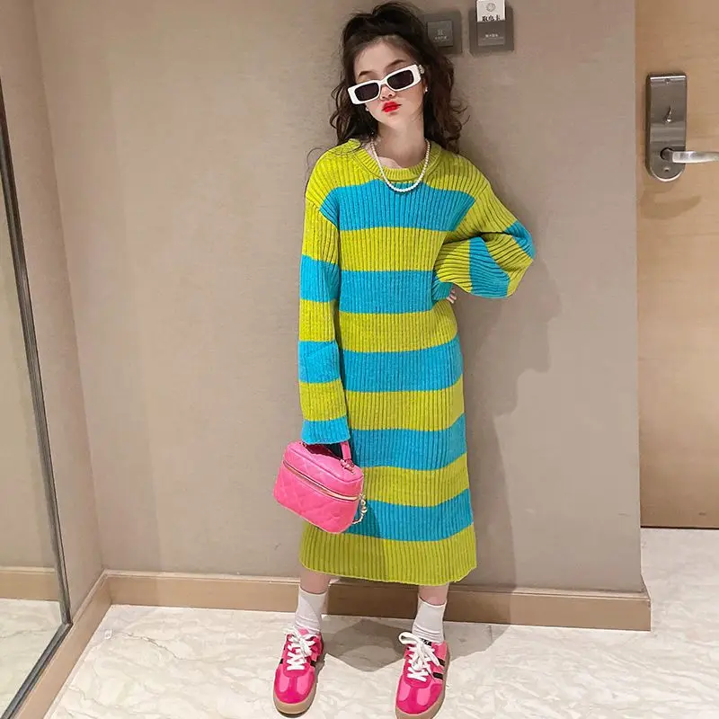 

Новинка 2023, детское платье для девочек, осенне-зимнее теплое Хлопковое платье с длинным рукавом, повседневные женские топы в полоску S01