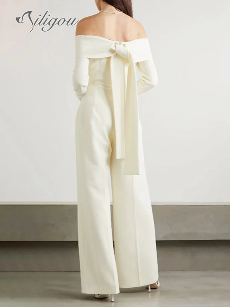 

Женский комбинезон с открытыми плечами Ailigou, черный/белый комбинезон с длинным рукавом, широкими штанинами и бантом, лето 2023