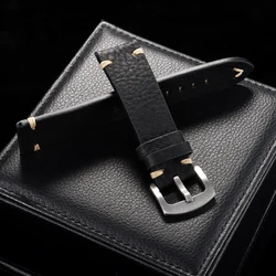 Genuine Cowhide Vintage Handmade Universal Watch Strap - Breathable Unisex Bracelet Belt Accessories - Gold Buckle (Black)