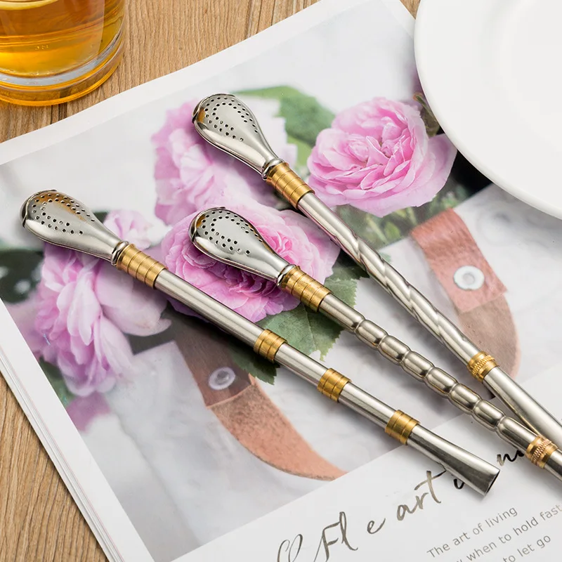 Drinking Straws Metal Straw Set Tea Filter Drinking Straw Yerba Mate Tea Spoon Drinkware Stainless Steel Reusable Straws Metal Washable Tea Filter Cocktail Drinkware Bar