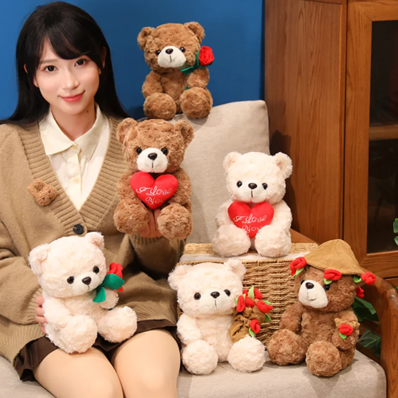 Wholesale Lovely 15/25CM Bear Plush Toy Romantic Red Heart Rose Bear Doll Cute Soft Holding Flowers Bear Doll Home Decoration