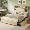 Bed Frame Full Size 4 Storage Drawers,Upholstered Bed Frame 47.2" Bookcase Headboard,Charging Station/No Box Spring Needed/Maple 1