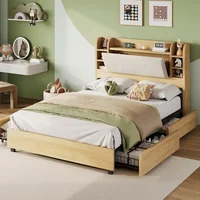 Bed Frame Full Size 4 Storage Drawers,Upholstered Bed Frame 47.2" Bookcase Headboard,Charging Station/No Box Spring Needed/Maple 1