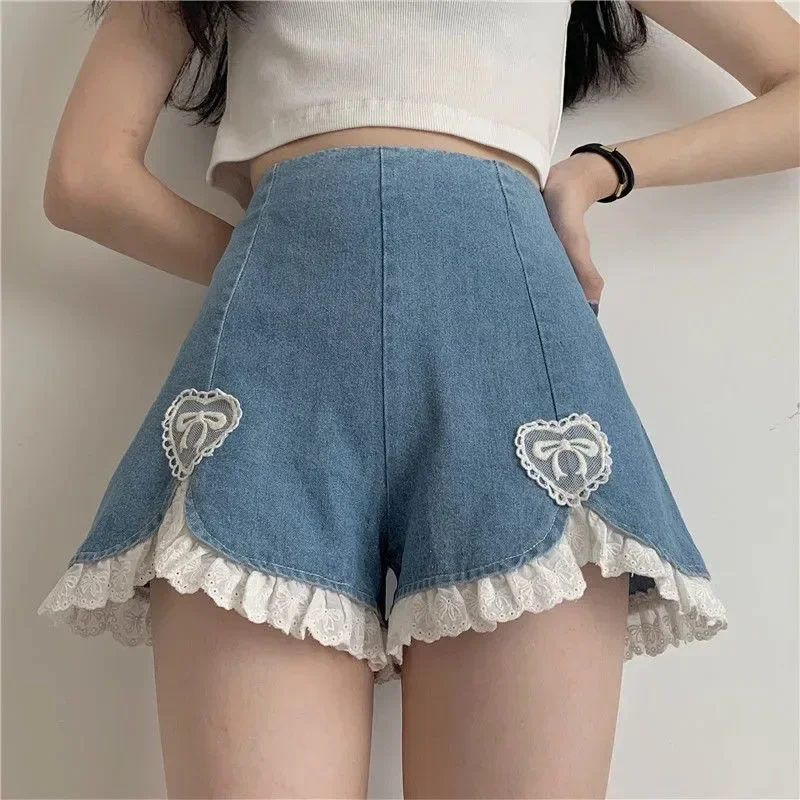 Women Summer Kawaii Sexy Blue Shorts 2023 Cute Lolita Girls Denim Shorts M-4XL Japanese Sweet High Waist Lace Irregular Bottoms
