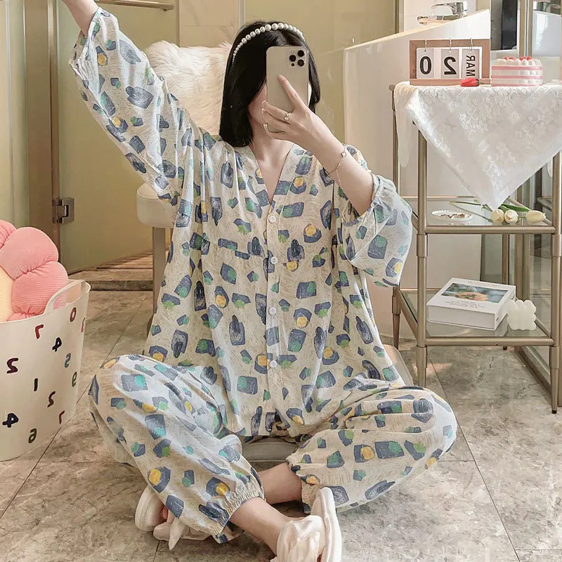

Cotton Silk Pajamas Set Women's Summer Ice Cotton Silk Medium Sleeve Pants Pajamas Thin New Silk Homewear Set Sleepwear Women