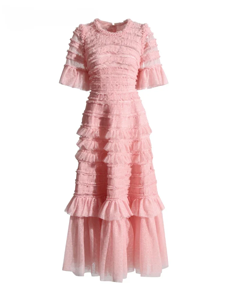 

Women's solid color dress O-neck short sleeved high waisted patchwork pleated temperament dress Women's fashion dress