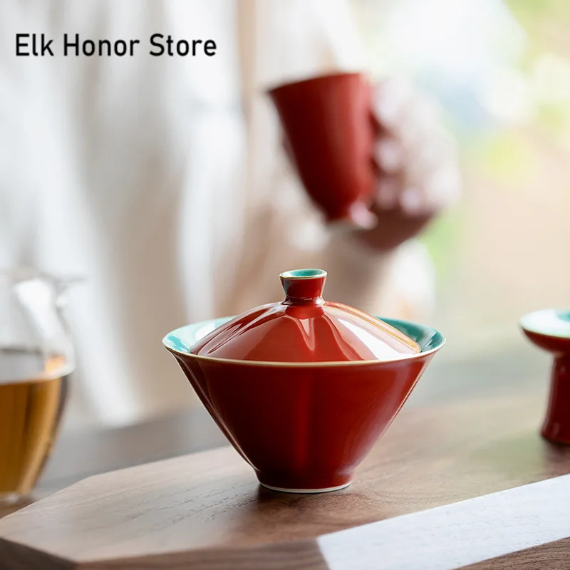 110ml Retro Palace Museum Red Ceramic Tea Tureen Bamboo Hat Non Hot Cover Bowl Chinese Tea Maker Gaiwan Ceremony Set