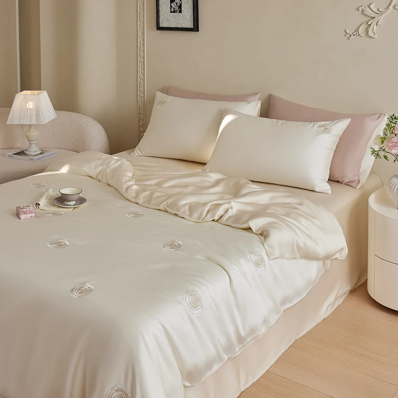 Lyocell Bamboo Fiber Silky Cool Feeling Sleeping Naked Bedding Set Rose Flowers Embroidery Duvet Cover Bed Sheet Set Pillowcases 2