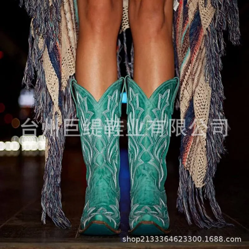 Mid-Calf Western Boots Fashion Women's Embroidered Cowboy Cowgirl Boots Pointed Toe Thick Heels Mid-calf Riding Boots