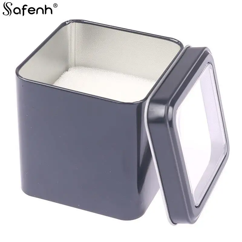 8CM Square Black Watch Organizer Box Show Holder Tinplate Can Metal Sealed Jewelry Gift Box Display Case With Cushion for Watch Storage Box