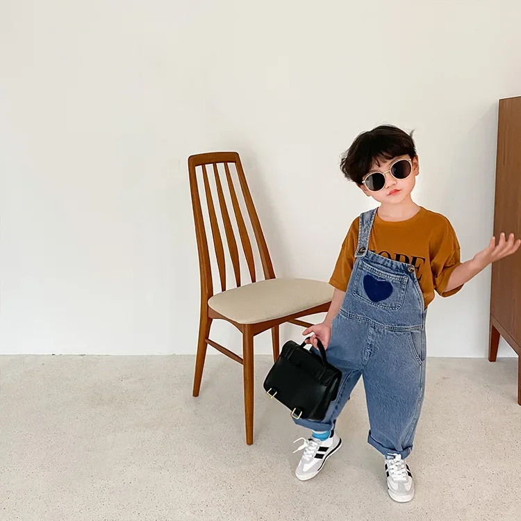 Korean style fashion heart denim overalls Spring unisex casual suspender trousers