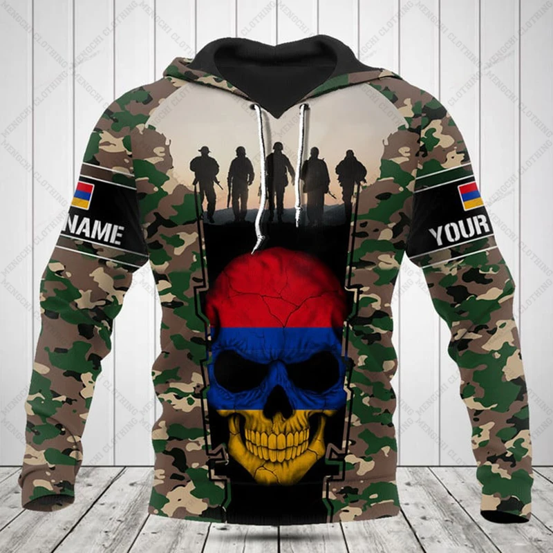 Custom Name Armenia Camouflage Skull Graphic Hoodies Loose Men's