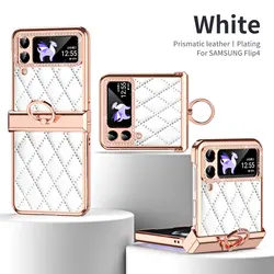 Luxury Leather Ring Diamond Case with Buckle Link - Fashionable Anti - Knock Cover - Flip4 (WHITE)