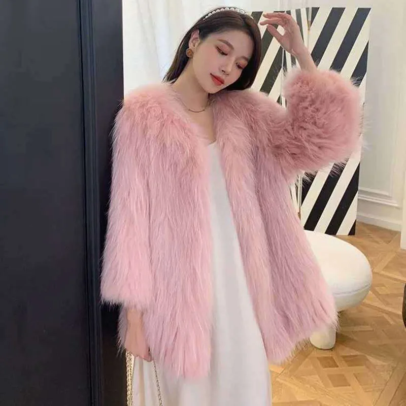Imitation Autumn And Winter Western Style New Fox Hair Imitation Young Fur Coat Women's Slim Fit Mid Length Mesh Red Fur Coat