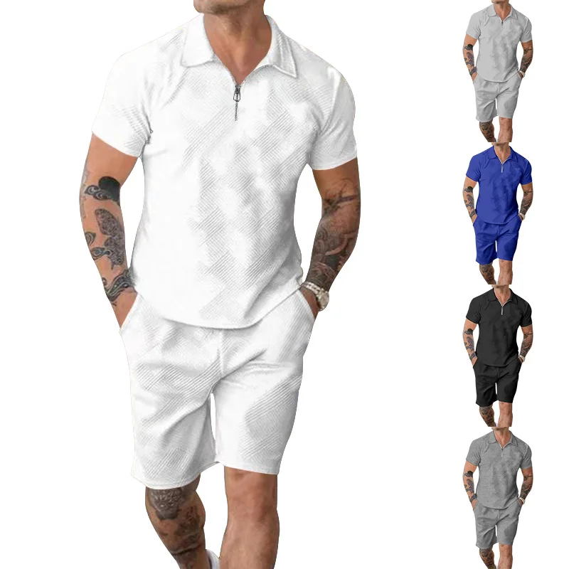 

2023 Men's Sets Summer New Jacquard Polo Short Sleeve Shirts Suit Zipper Lapel Short Sleeve Tshirt and Shorts Set