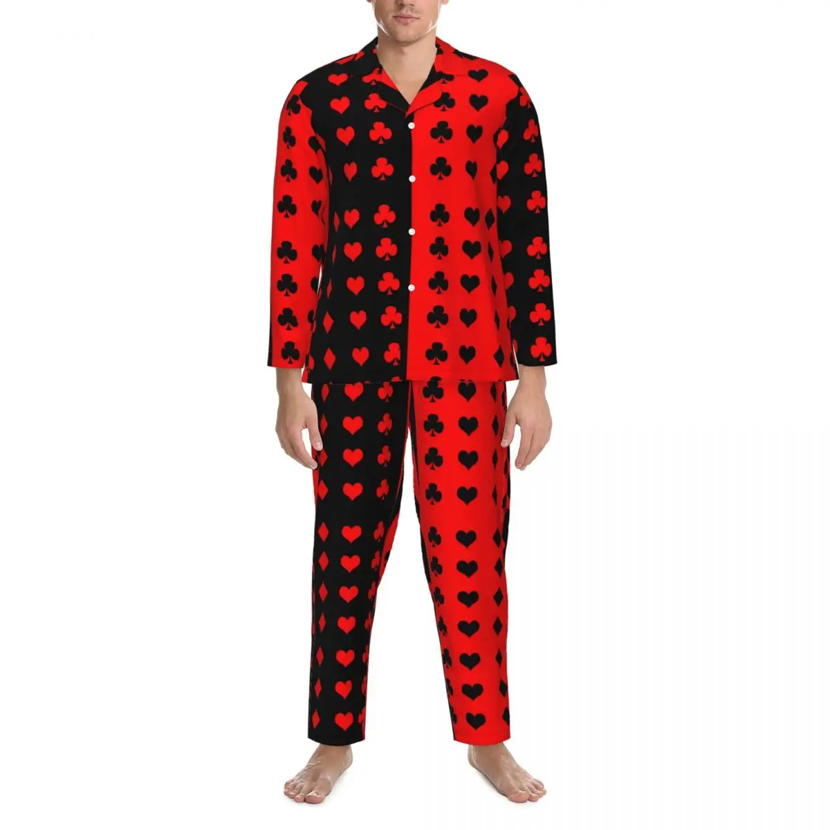 

Pajamas Male Poker Cards Night Sleepwear Clubs Spades Hearts 2 Pieces Casual Pajama Set Long Sleeve Fashion Oversized Home Suit