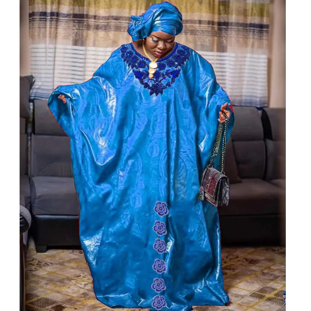 2023 New African Women Bazin Riche Dresses With Headscarf Embroid Stone Nigerian Traditional Wedding Party Dashiki Basin Robe
