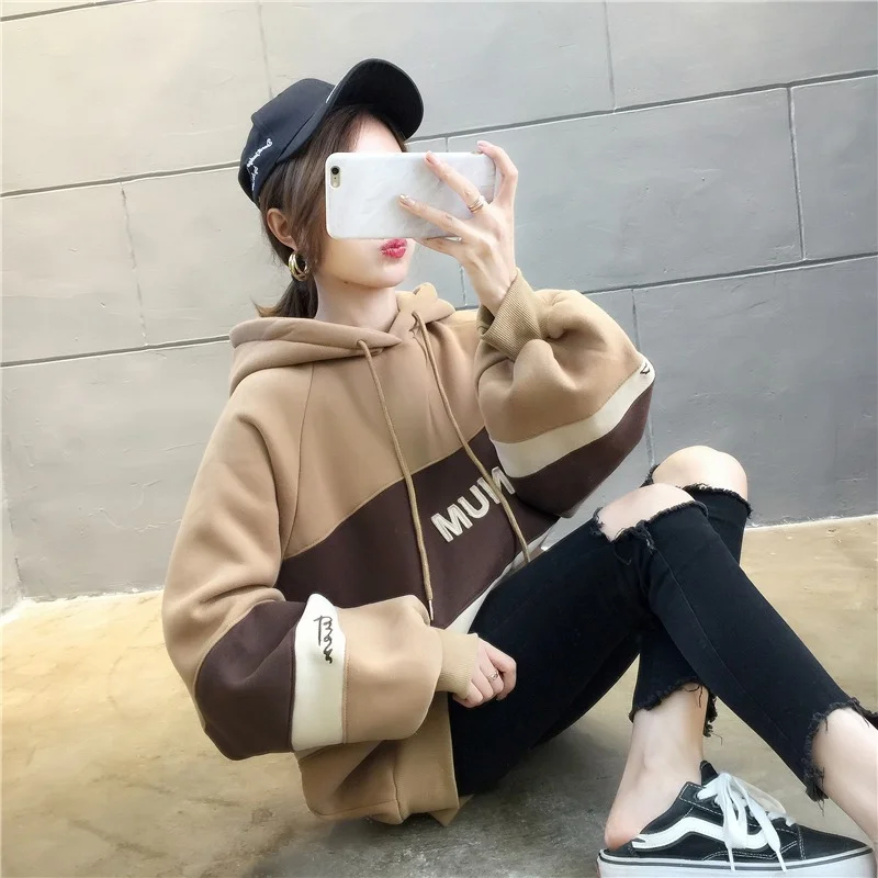 Women 2024 Harajuku Casual Long Sleeve Pullover Hooded Sweatshirt Loose Thickening Female Candy Sweatshirt Tops Letter Hoodies