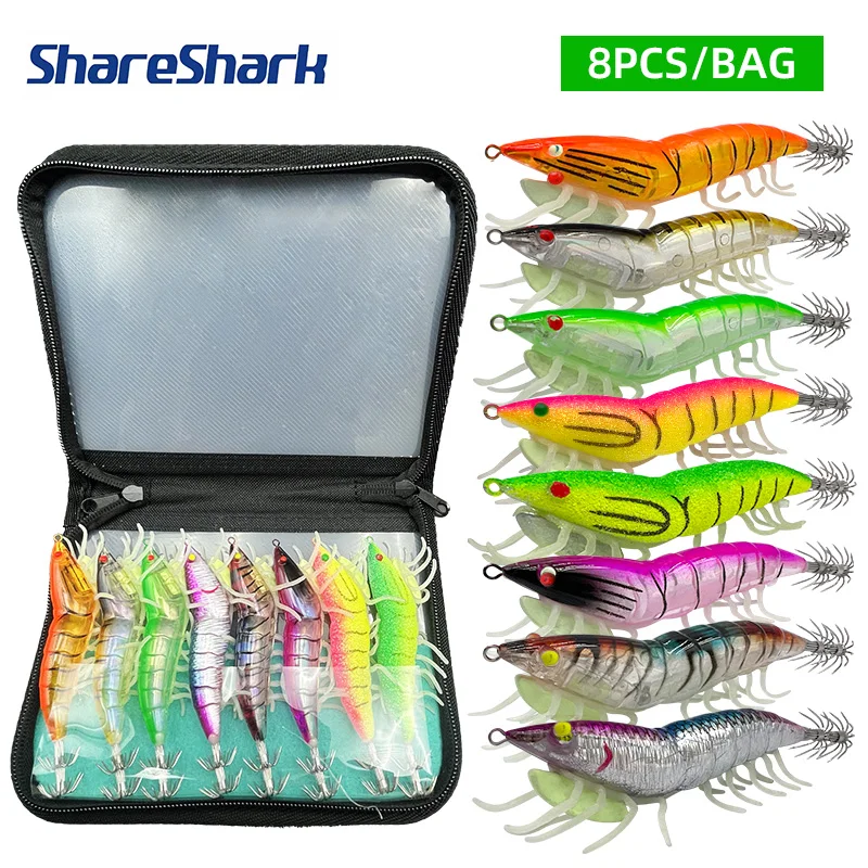 ShareShark 8-teiliges Set Leuchtende Weiche Garnelen-Jigs, Harte Angelköder, Garnelen-Tintenfisch-Haken, Holz-Garnelenköder, Angelköder-Set