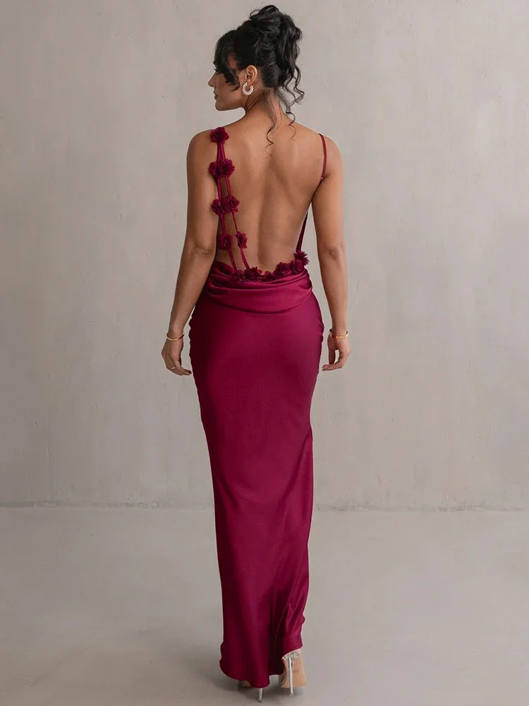 Floral Draped Backless Maxi Long Dress For Women Fashion Spaghetti Strap  Sleeveless Bodycon Evening Party Dress Elegant - AliExpress 200000345