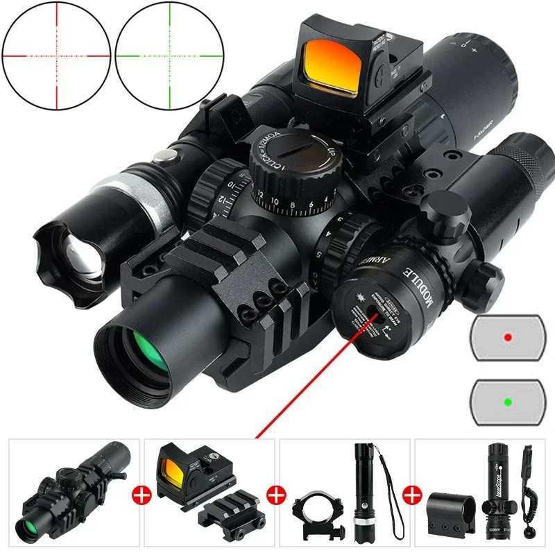 

1-5X24 IR Tactical Scope Set with Laser and Light Rifle Wide Angle Airsoft Riflescope Hunting Optics Shooting Gun Sight for AR