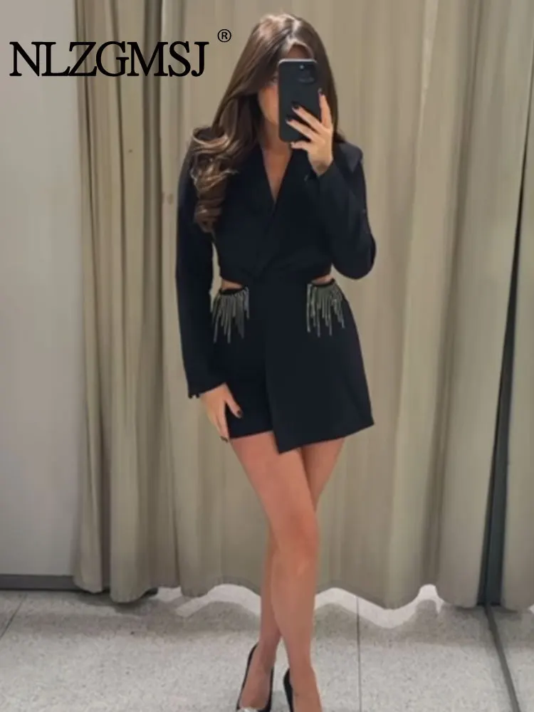 

TRAF 2024 Autumn Woman Tassel Hollow Out Blazer Playsuits Fashion Long Sleeve Causal Elegant Jumpsuit Slim Tops