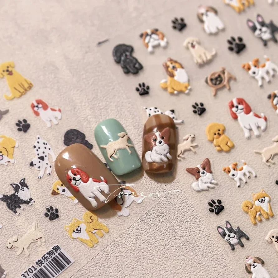 Kawaii Puppy Corgi Dalmatian Poodle Labrador Beagle Cute Dog Print Animal Embossed Reliefs Nail Art Stickers Manicure Tool Decal