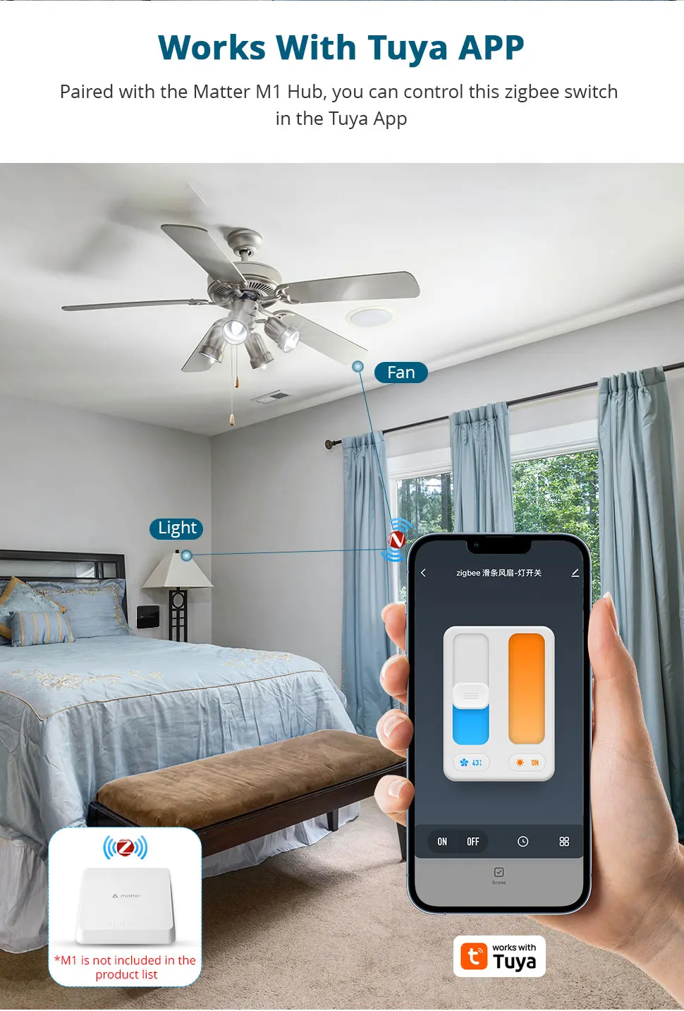 Zigbee Smart Fan Light Switch Neutral Required 1 Gang Touch Light Switch with Sl