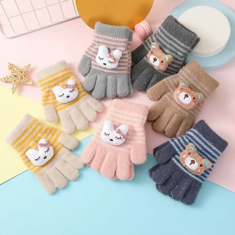 1Pairs Cute Cartoon Rabbit Bear Winter Warm Kids Gloves Kindergarten Boys Girls Five Finger Knitted Gloves for 3 To 6 Years 6