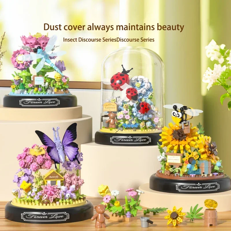 Flower Bonsai Building Blocks Bee Butterfly Insect Plant Potted Model Bricks with Dust Cover Children's Diy Toy Christmas Gift