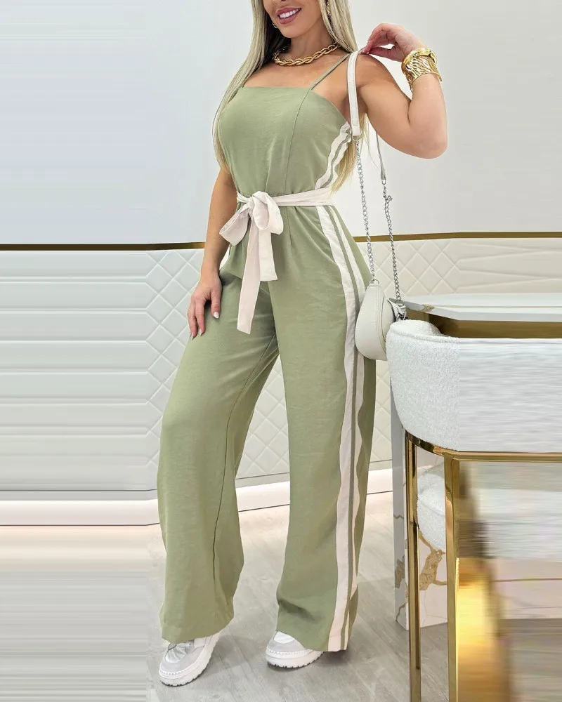 Schicker, gestreifter, ärmelloser Overall für Frühling und Sommer mit gebundenem Detail und Spaghettiträgern, lässiger Bandeau-Strampler mit weitem Bein für Damen – Detail 4