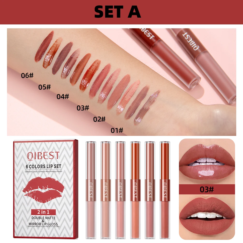 QIBEST Double-head Matte Velvet  Liquid Lipstick Long Lasting Non-Stick Cup Nude Mirror Lipgloss For Women Lips Makeup Cosmetics 5