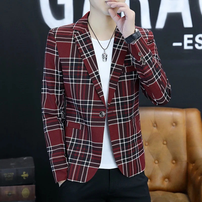 Spring Autumn Casual Checkered Slim Fit Mens Blazer Korean Style Fashion Handsome Young Men's Clothing