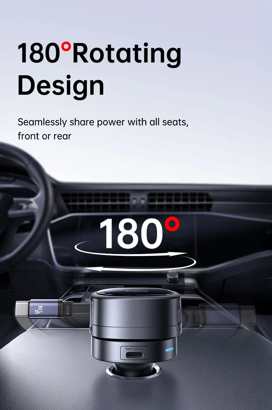 60W Car Charger 45W Retractable Cable 3 Ports Fast Charging 180° Rotating Car Ph