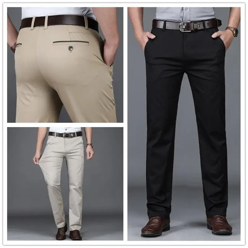 Plus Size 28-42 Men Pants Spring Summer Autumn Casual Cotton Slim Straight Long Business Suit Pants Chinos Slacks Black