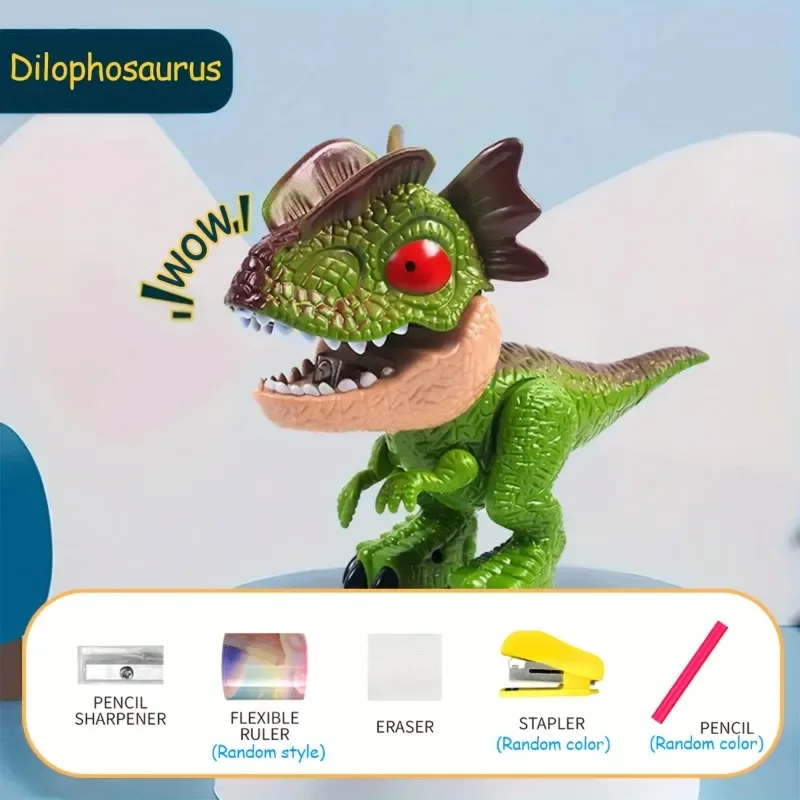 Set di cancelleria 5 in 1 con dinosauri, che include righello, temperamatite, cucitrice e gomma. Materiale didattico divertente, regalo perfetto per bambini._voghion.com