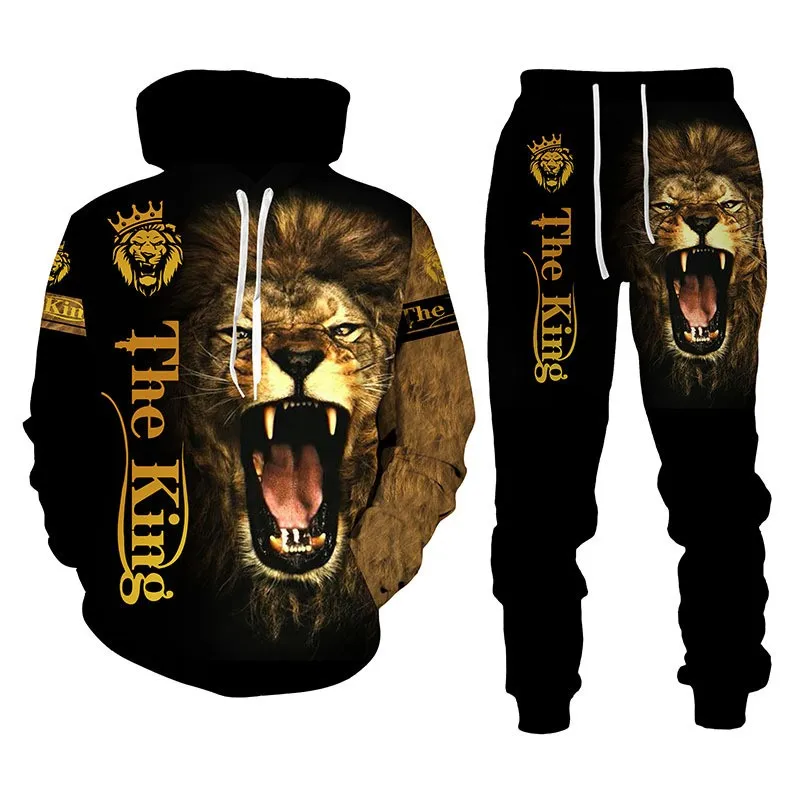 European and American Autumn and Winter Men's Hoodie Guard Pants Set Casual Sports Set Large Animal Lion 3D Printing Hoodie