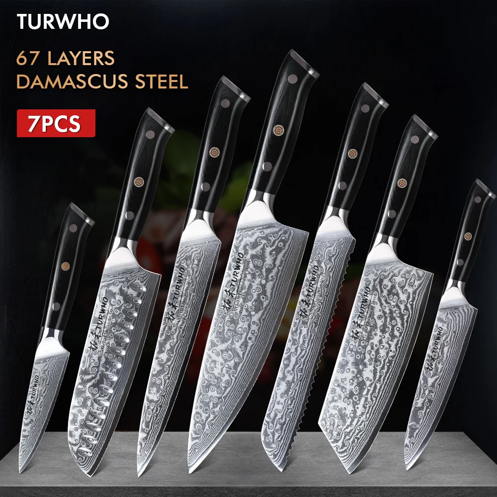 TURWHO7PCSKnifeSet67LayersDamascusSteelVG10SteelCoreSantoku