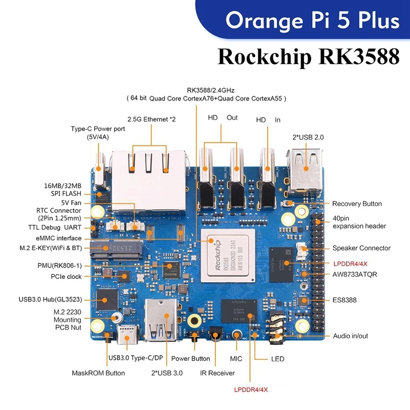 오렌지 파이 5 플러스용 개발 보드, 와이파이 6 BT 모듈, 8GB RK3588, 64 비트, 2.5G M.2 슬롯, 지지대 2230