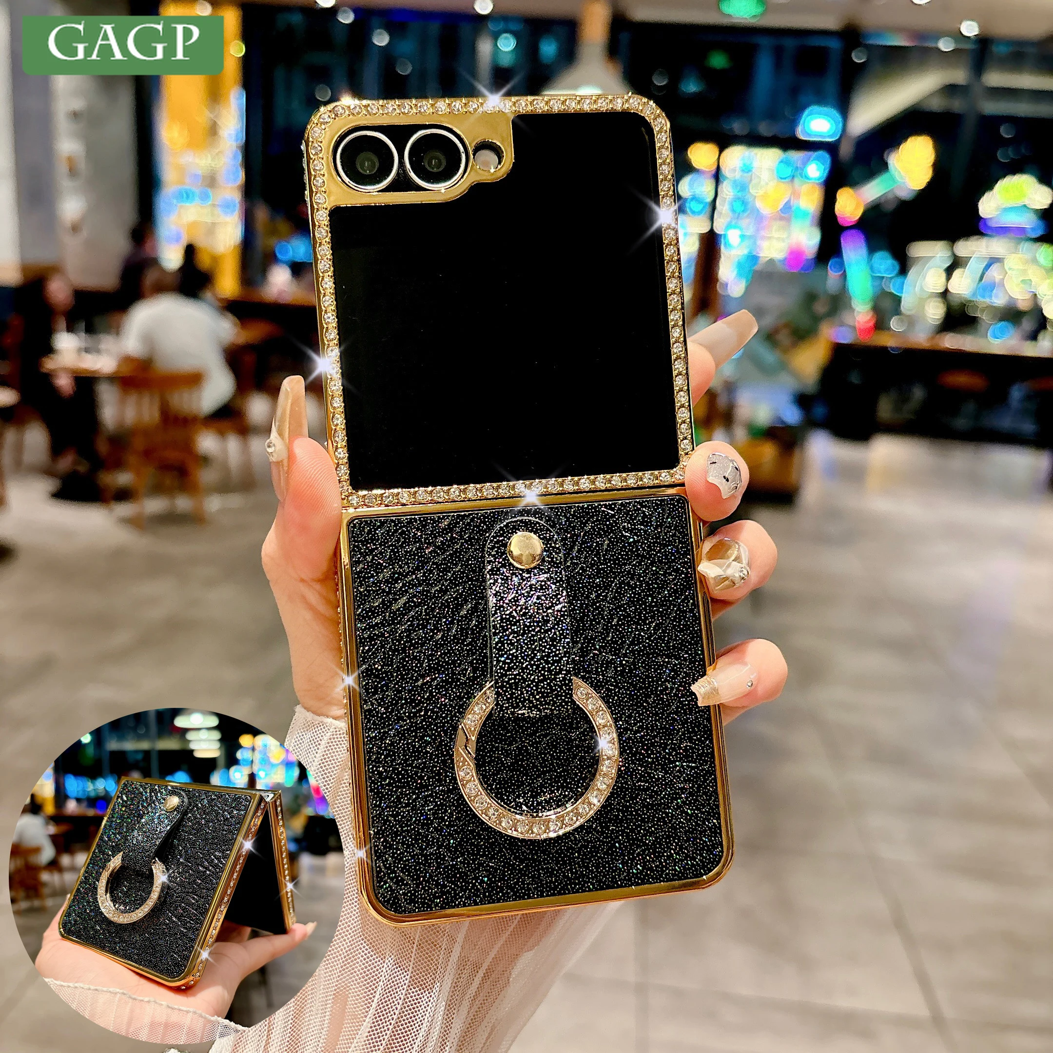Shiny Diamond Electroplated PU Leather Phone Case - Shockproof Cover