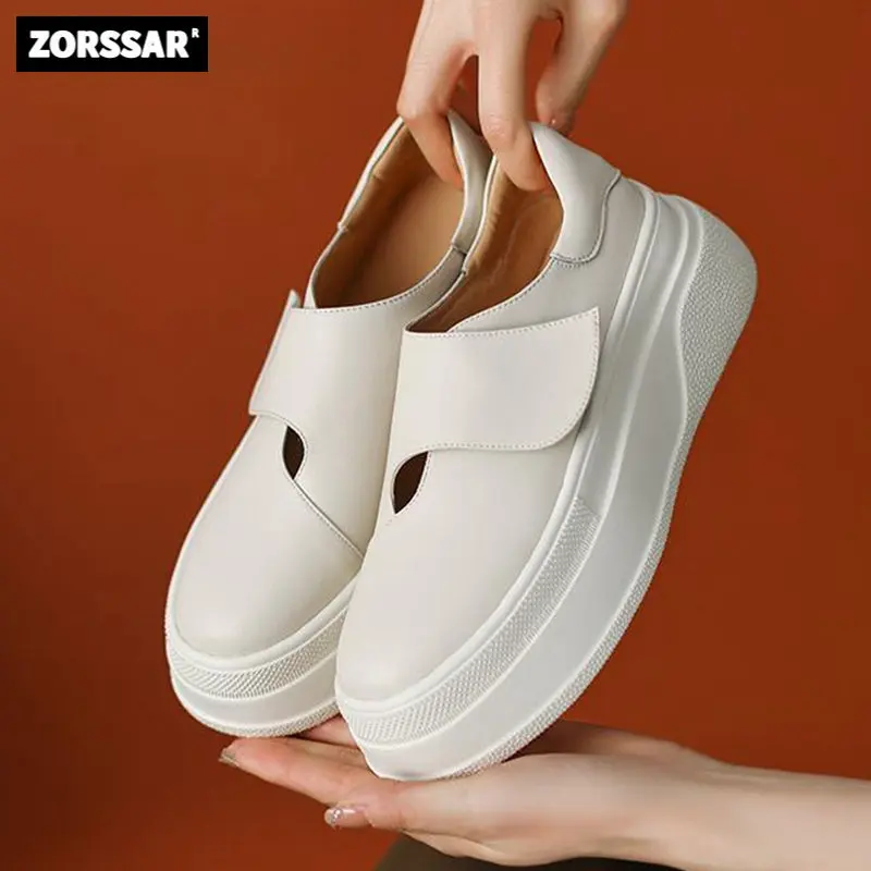 

2023 New Real Cow Leather Round Toe High Heels Spring Shoes Platform White Sneakers Simple Style Causal Vulcanized Shoes