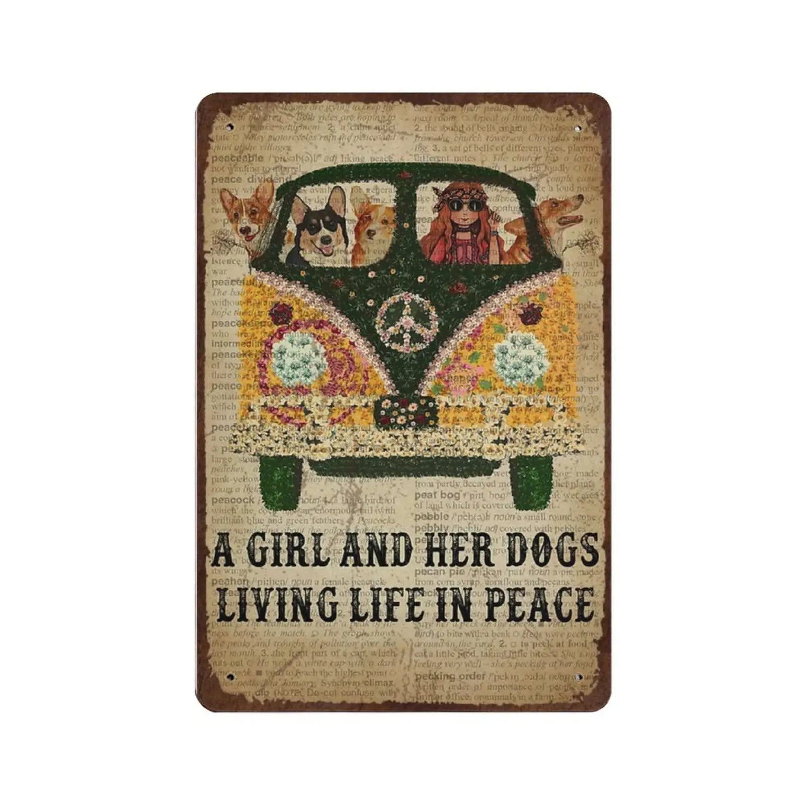 

Vintage Metal Tin Sign Plaque,Girl in Peace Corgi Tin Sign,Man cave Pub Club Cafe Home Decor Plate，Birthday Anniversary Housewar