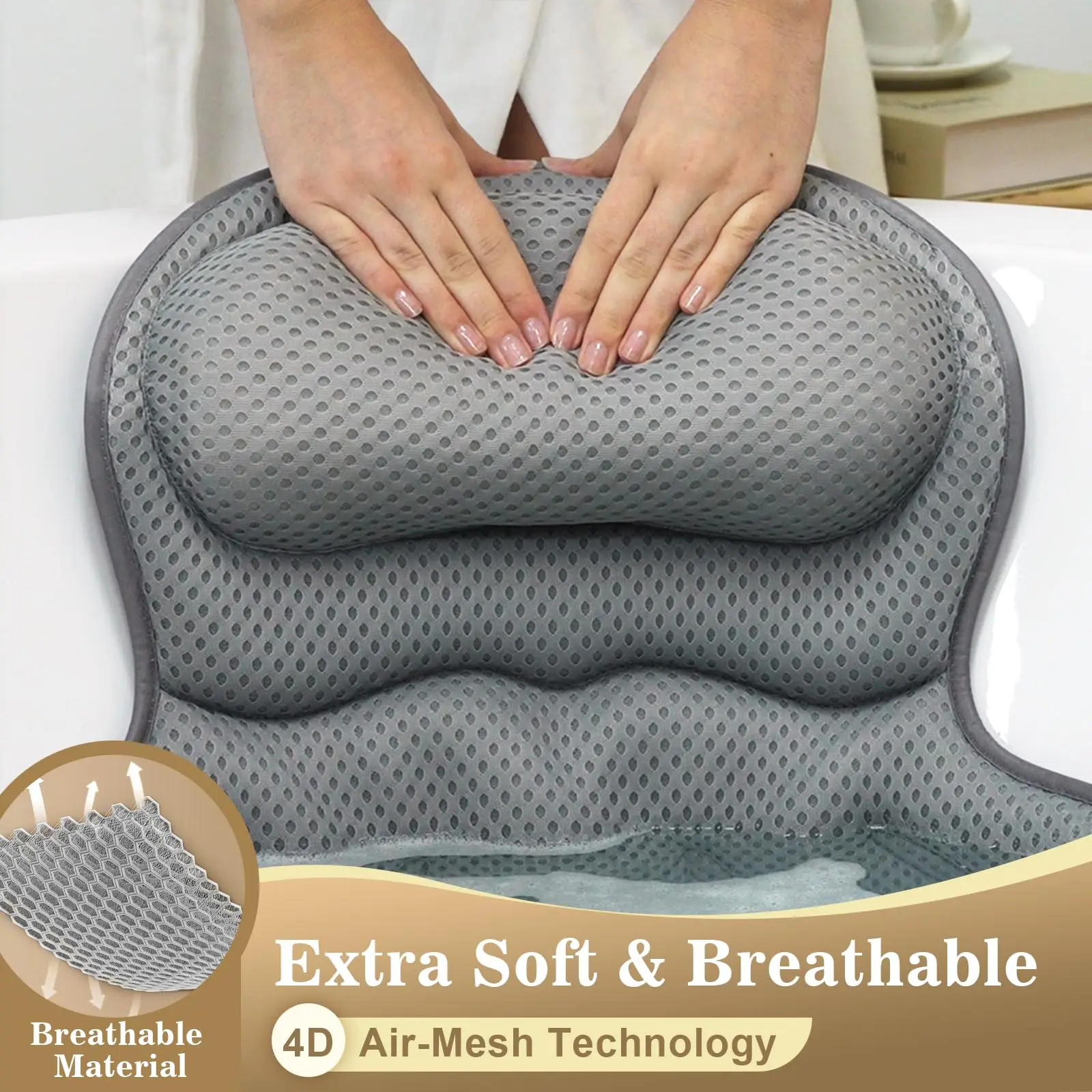 Non-Slip 6 Suction Cup Bathtub Pillow, 3D Mesh Soft Quick-Dry, Supports Head Neck Shoulder Back, Machine Washable